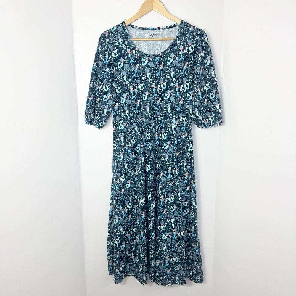 Svaha USA Organic Cotton Mermaid Midi Dress Womens M 3/4 Puff Sleeve Pockets